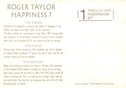 Roger Taylor 'Happiness?' promo postcard back