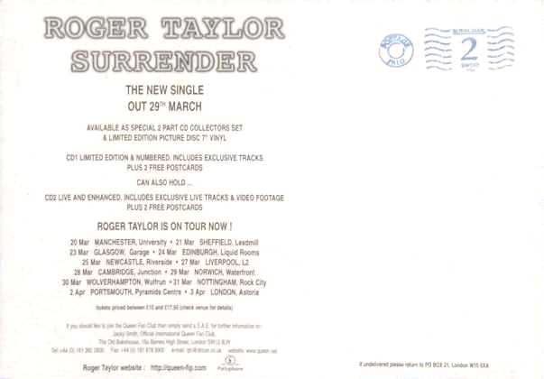 Roger Taylor 'Surrender' promo postcard back