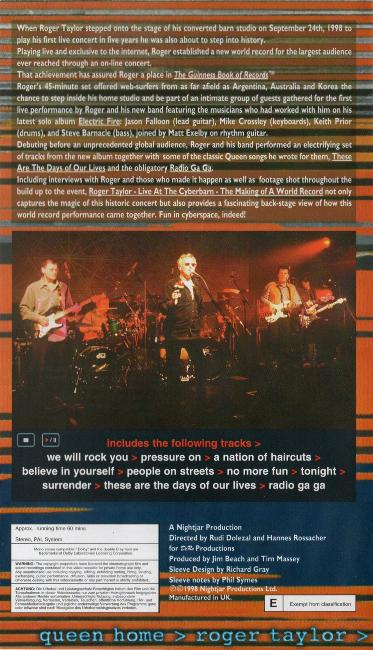 Roger Taylor 'Live At The Cyberbarn' UK VHS back sleeve